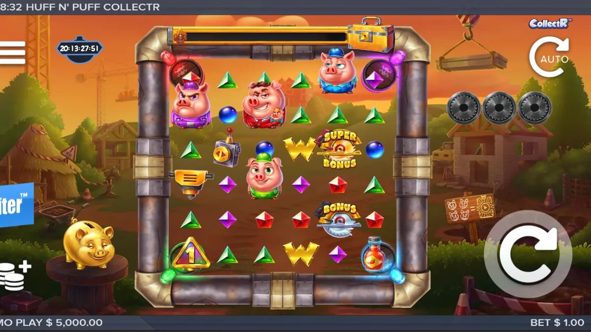 Visual slot Huff n Puff CollectR dengan tema babi konstruksi dan serigala.