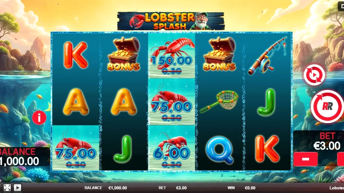 Pemandangan bawah laut yang cerah dengan simbol lobster dan nelayan pada slot Lobster Splash
