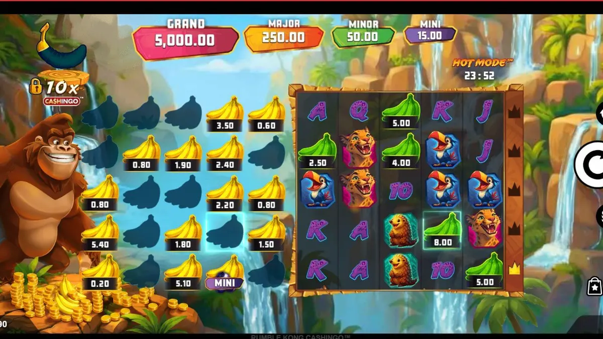 Tampilan visual slot Rumble Kong Cashingo dengan latar belakang kota neon dan gorila raksasa